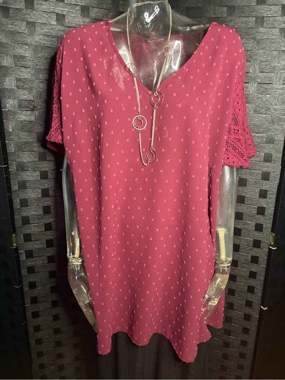 BloomChic Wine V-Neck Crochet Sleeve Tunic